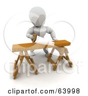 Royalty Free RF Clipart Illustration Of A 3d White Character Sawing Wood On A Saw Horse
