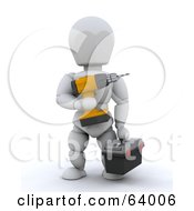 Royalty Free RF Clipart Illustration Of A 3d White Character Construction Worker Holding A Power Drill And Tool Box