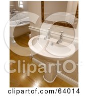 Poster, Art Print Of Hand Washing Sink Under A Mirror In A Bathroom With A Claw Foot Tub And Wood Floors