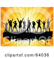 Royalty Free RF Clipart Illustration Of A Group Of Black Silhouetted Dancers Over A Grungy Text Bar On A Bursting Orange Background