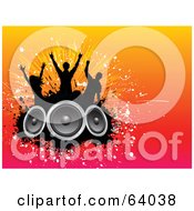 Royalty Free RF Clipart Illustration Of Three Silhouetted Dancers Over Speakers On A Colorful Gradient Background