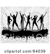 Royalty Free RF Clipart Illustration Of A Group Of Black Silhouetted Dancers Over A Grungy Text Bar On A Bursting Gray Background