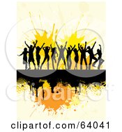 Poster, Art Print Of Group Of Silhouetted Dancers On A Black Grunge Bar Over Orange Splatters
