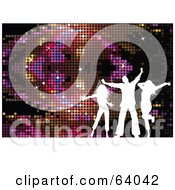 Poster, Art Print Of White Silhouetted Dancers Against A Colorful Disco Background With A White Floor