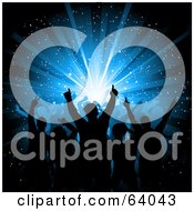 Royalty Free RF Clipart Illustration Of A Group Of Silhouetted Dancers Waving Their Arms Against A Blue Burst