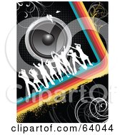 Poster, Art Print Of White Silhouetted Dancers On A Rainbow Curve Under Speakers On A Black Background