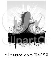 Royalty Free RF Clipart Illustration Of Gray Silhouetted Dancers Over A Black Grunge Text Box With Music Notes
