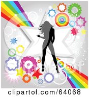 Poster, Art Print Of Black Silhouetted Female Dancer Over A Funky Rainbow Star And Burst Background