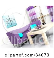 Poster, Art Print Of Tilted Angle Of A 3d Modern Living Room Interior With A Purple Sofa And Light Wood Table