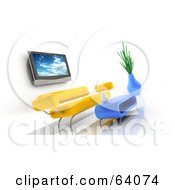 Poster, Art Print Of 3d Plasma Tv On A Wall Over A Yellow Modern Sofa With A Coffee Table