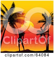 Poster, Art Print Of Sexy Silhouetted Woman Standing Between Palm Trees Against An Orange Sunset