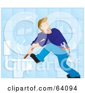 Poster, Art Print Of Plumber Turning Away While Plunging A Toilet In A Blue Tiled Bathroom