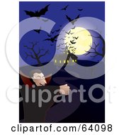 Silhouetted Bats And A Full Moon Over A Haunted House And A Vampire On A Blue Night