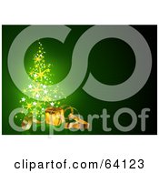 Poster, Art Print Of Starry Magical Christmas Tree With A Gold Present And Ribbons On Green