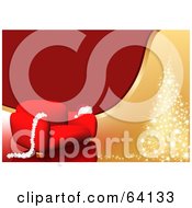 Royalty Free RF Clipart Illustration Of A Santa Hat And Cotton Resting On A Red Chair By A Sparkling Christmas Tree On A Red And Gold Background