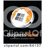 Royalty Free RF Clipart Illustration Of A Pre Made Logo Of An Orange And White House Button Above Space For A Business Name And Company Slogan On Black