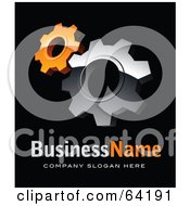 Poster, Art Print Of Pre-Made Logo Of Orange And Chrome Cogs Above Space For A Business Name And Company Slogan On Black