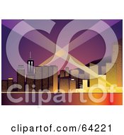 Royalty Free RF Clipart Illustration Of A Lights Shining In The Sky Around A Waterfront City At Dusk
