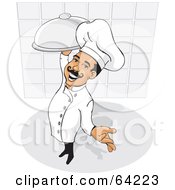 Royalty Free RF Clipart Illustration Of A Friendly Male Chef Holding Out One Hand And Carrying A Platter by David Rey