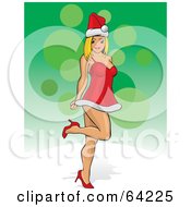 Poster, Art Print Of Sexy Christmas Pinup Woman In A Santa Suit Dress Lifting One Leg