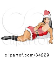 Poster, Art Print Of Sexy Christmas Pinup Woman In A Santa Suit Dress Resting On Her Side