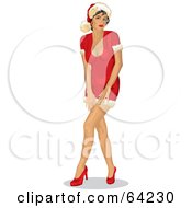 Poster, Art Print Of Sexy Christmas Pinup Woman In A Santa Suit Dress Standing With Her Legs Crossed