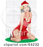 Royalty Free RF Clipart Illustration Of A Sexy Christmas Pinup Woman In A Santa Suit Dress Kneeling
