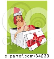Royalty Free RF Clipart Illustration Of A Sexy Christmas Pinup Woman Emerging From A Gift Box by David Rey