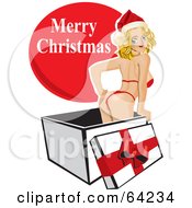 Royalty Free RF Clipart Illustration Of A Sexy Christmas Pinup Stripper Woman Standing In A Gift Box With A Red Merry Christmas Greeting by David Rey