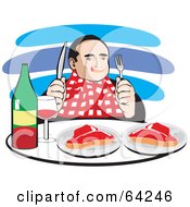 Poster, Art Print Of Hungry Man Wearing A Bib Drinking Red Wine And Eating Steaks