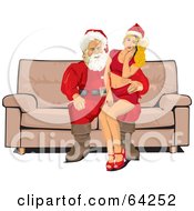 Sexy Blond Pinup Girl Resting On Santas Lap On A Couch