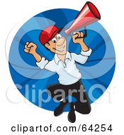Poster, Art Print Of Energetic Announcer Man Running With A Megaphone