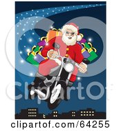 Santa Flying His Motorcycle Through The Blue Christmas Night Sky Above A City