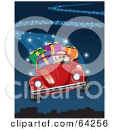 Poster, Art Print Of Santa Flying His Red Convertible Vw Bug Through The Blue Christmas Night Sky