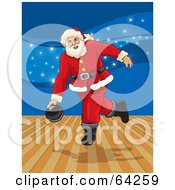 Poster, Art Print Of Santa Bowling In An Alley With Blue Sparkles In The Background