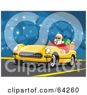 Poster, Art Print Of Santa Driving His Convertible Yellow Car With Christmas Presents In The Back