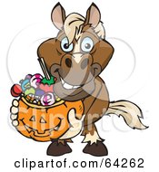 Poster, Art Print Of Trick Or Treating Horse Holding A Pumpkin Basket Full Of Halloween Candy