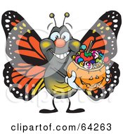 Poster, Art Print Of Trick Or Treating Monarch Butterfly Holding A Pumpkin Basket Full Of Halloween Candy