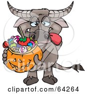Poster, Art Print Of Trick Or Treating Buffalo Holding A Pumpkin Basket Full Of Halloween Candy