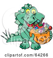 Poster, Art Print Of Trick Or Treating Stegosaur Holding A Pumpkin Basket Full Of Halloween Candy