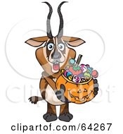Poster, Art Print Of Trick Or Treating Gazelle Holding A Pumpkin Basket Full Of Halloween Candy