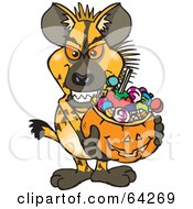 Poster, Art Print Of Trick Or Treating Hyena Holding A Pumpkin Basket Full Of Halloween Candy