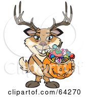 Poster, Art Print Of Trick Or Treating Buck Holding A Pumpkin Basket Full Of Halloween Candy