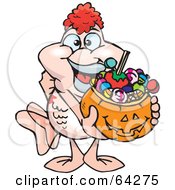 Royalty Free RF Clipart Illustration Of A Trick Or Treating Pink Goldfish Holding A Pumpkin Basket Full Of Halloween Candy