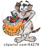 Poster, Art Print Of Trick Or Treating Dog Holding A Pumpkin Basket Full Of Halloween Candy