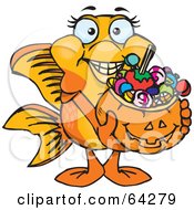 Poster, Art Print Of Trick Or Treating Goldfish Holding A Pumpkin Basket Full Of Halloween Candy