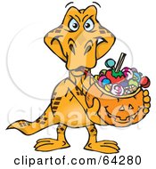 Poster, Art Print Of Trick Or Treating Goanna Holding A Pumpkin Basket Full Of Halloween Candy