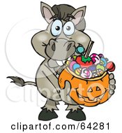 Poster, Art Print Of Trick Or Treating Donkey Holding A Pumpkin Basket Full Of Halloween Candy