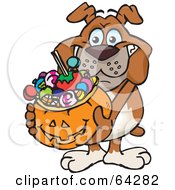 Poster, Art Print Of Trick Or Treating Bulldog Holding A Pumpkin Basket Full Of Halloween Candy