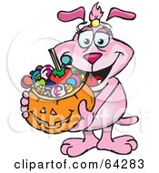 Poster, Art Print Of Trick Or Treating Pink Dog Holding A Pumpkin Basket Full Of Halloween Candy